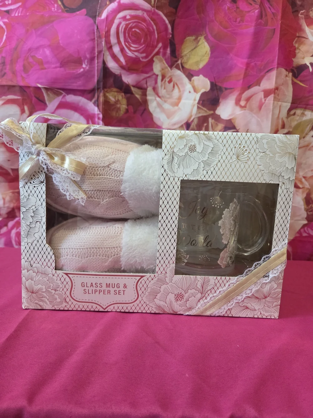 Diamond Supply Co. Pink Cable Knit Slipper & Glass Mug Set